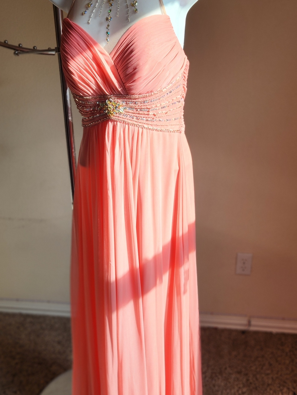 Xscape Coral Chiffon Halter Evening Gown with Beaded Waist